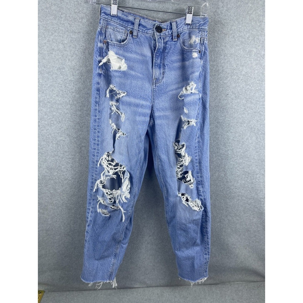 American Eagle Relaxed Mom Jeans Women's 2 Blue Destroyed Denim Cutoff‎